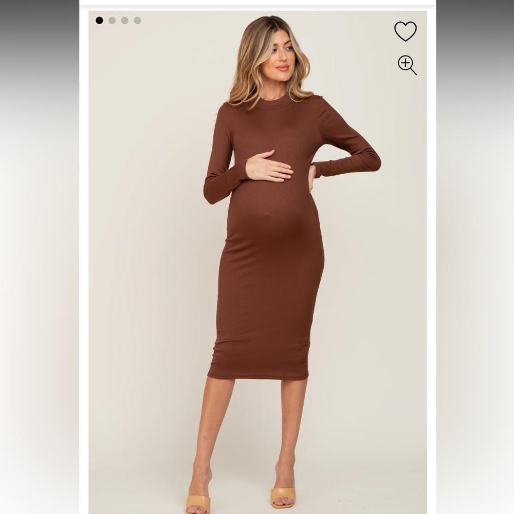 Brown Ribbed Fitted Mock Neck Long Sleeve Maternity Dress